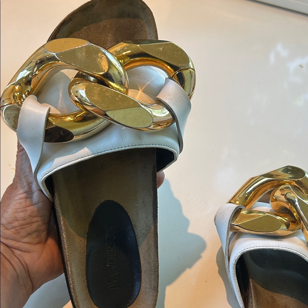 JW ANDERSON White and Gold Chain Slide Sandals